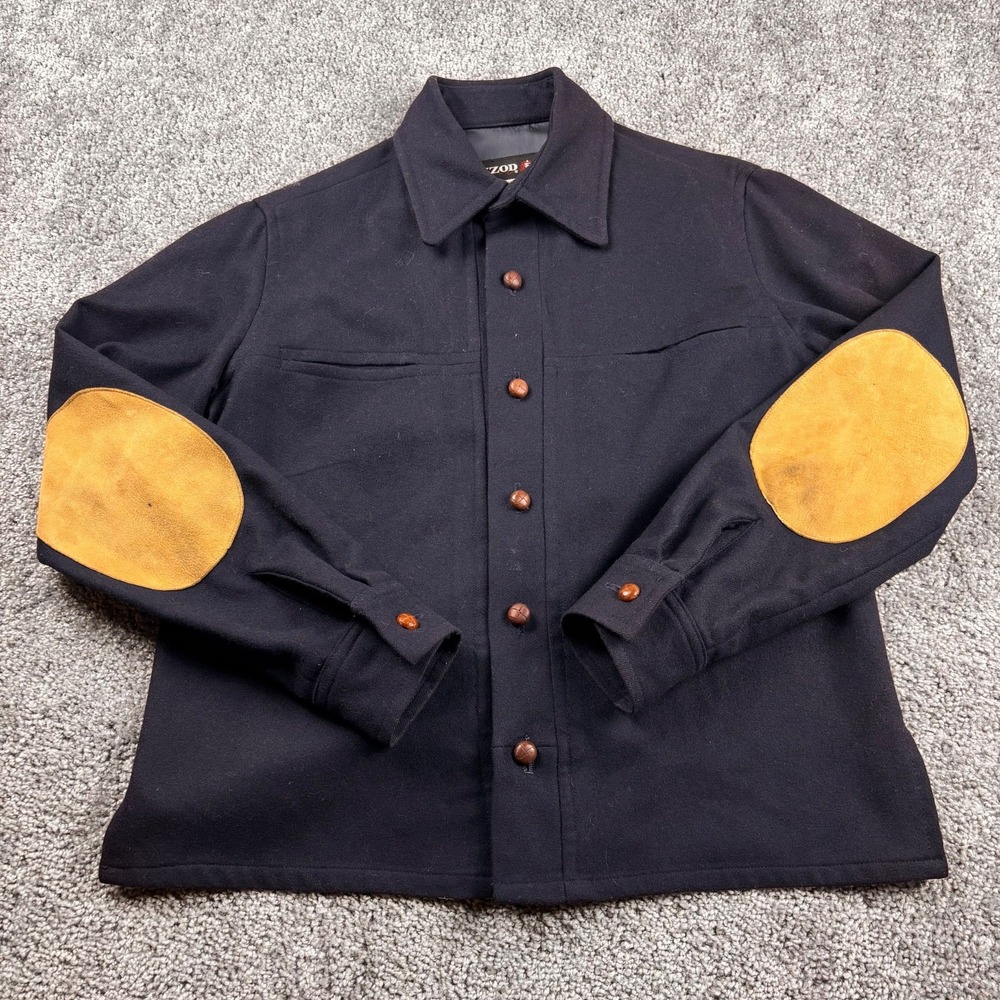 Vintage IZOD Wool Shirt Mens S Navy Elbow Patch Wooden Button Shacket 80s‎